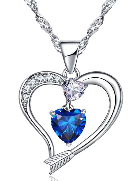 18K White Gold Plated Love Arrow Birthstone Pendant Necklace Women Jewelry