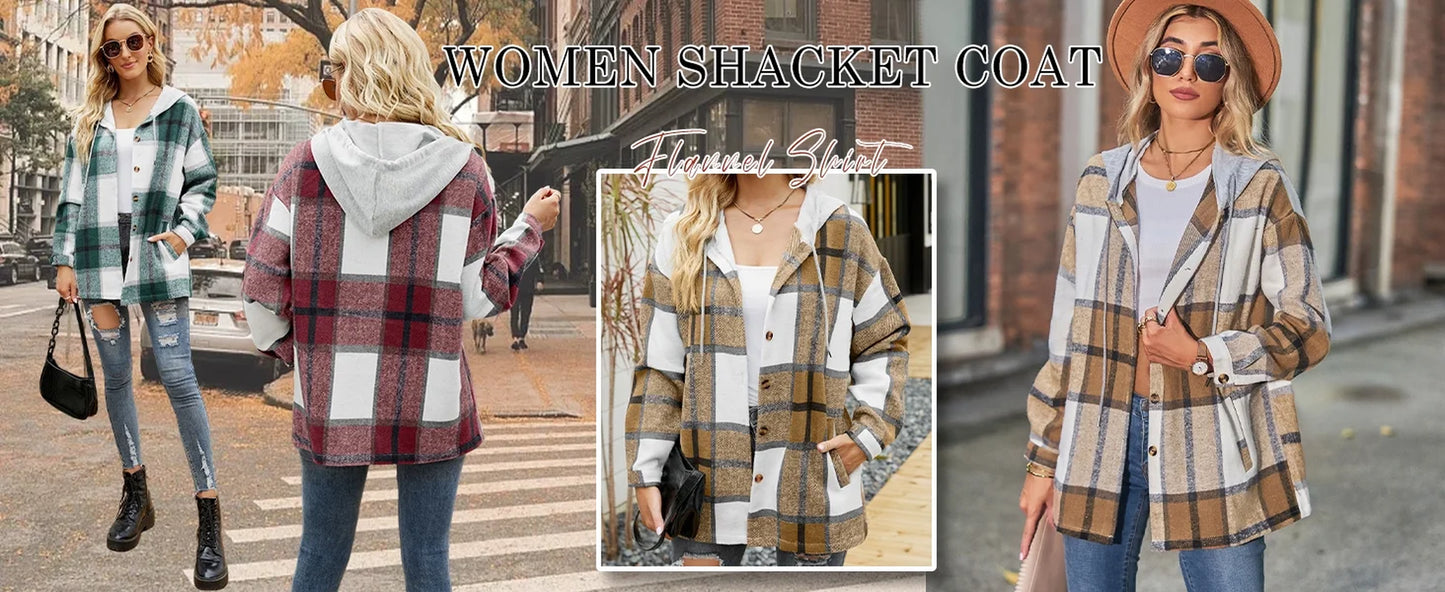 Flannel Shirts for Women Button down Plaid Shirt Hooded Shacket Jacket with Pocket