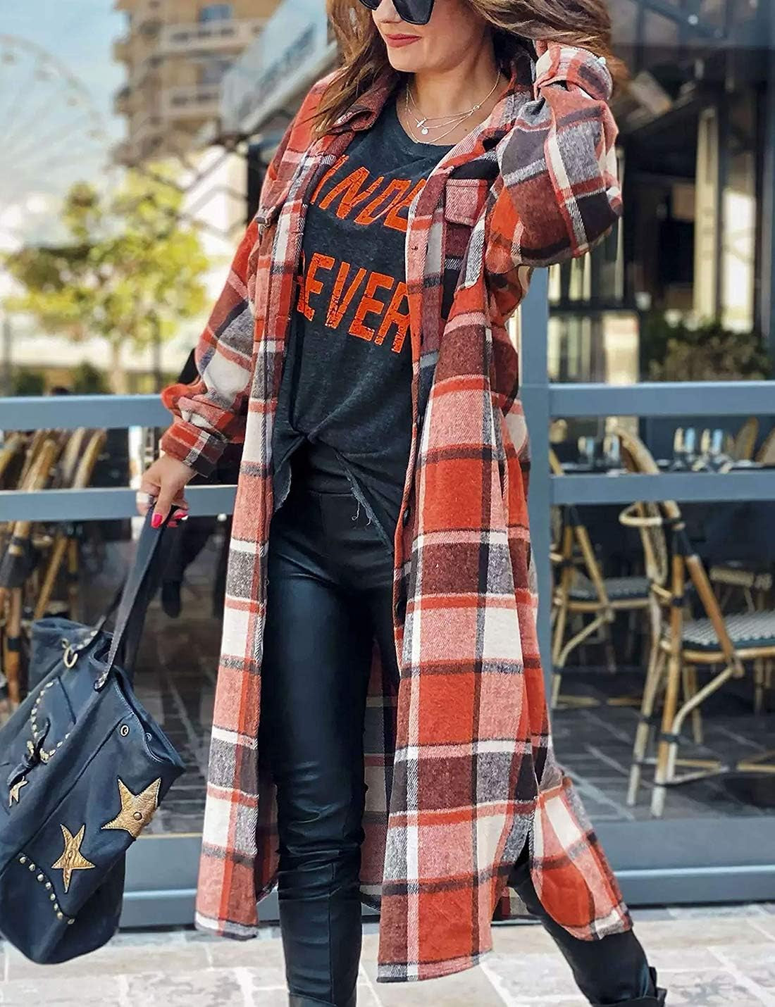 Women'S Lounge Lapel Button up Long Sleeve Plaid Long Shirt Jacket Shacket